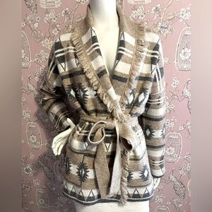 Fringed Beige, ivory and grey Patterned Women's Sweater